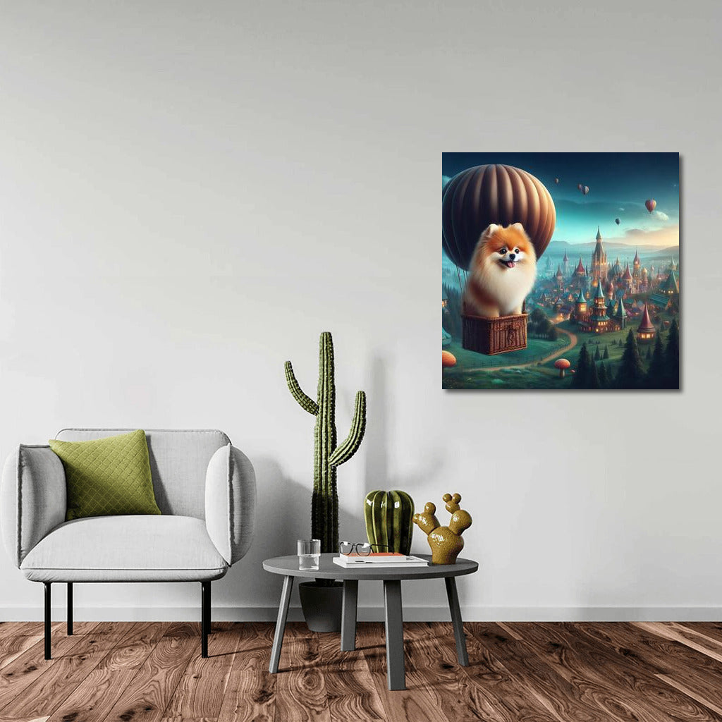 Fluffy Spitz in a Hot Air Balloon over a Fairytale City