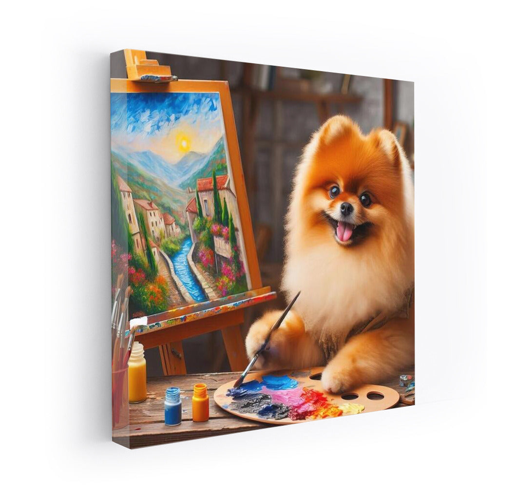 Creative Spitz: Pomeranian artist with brush and palette at easel
