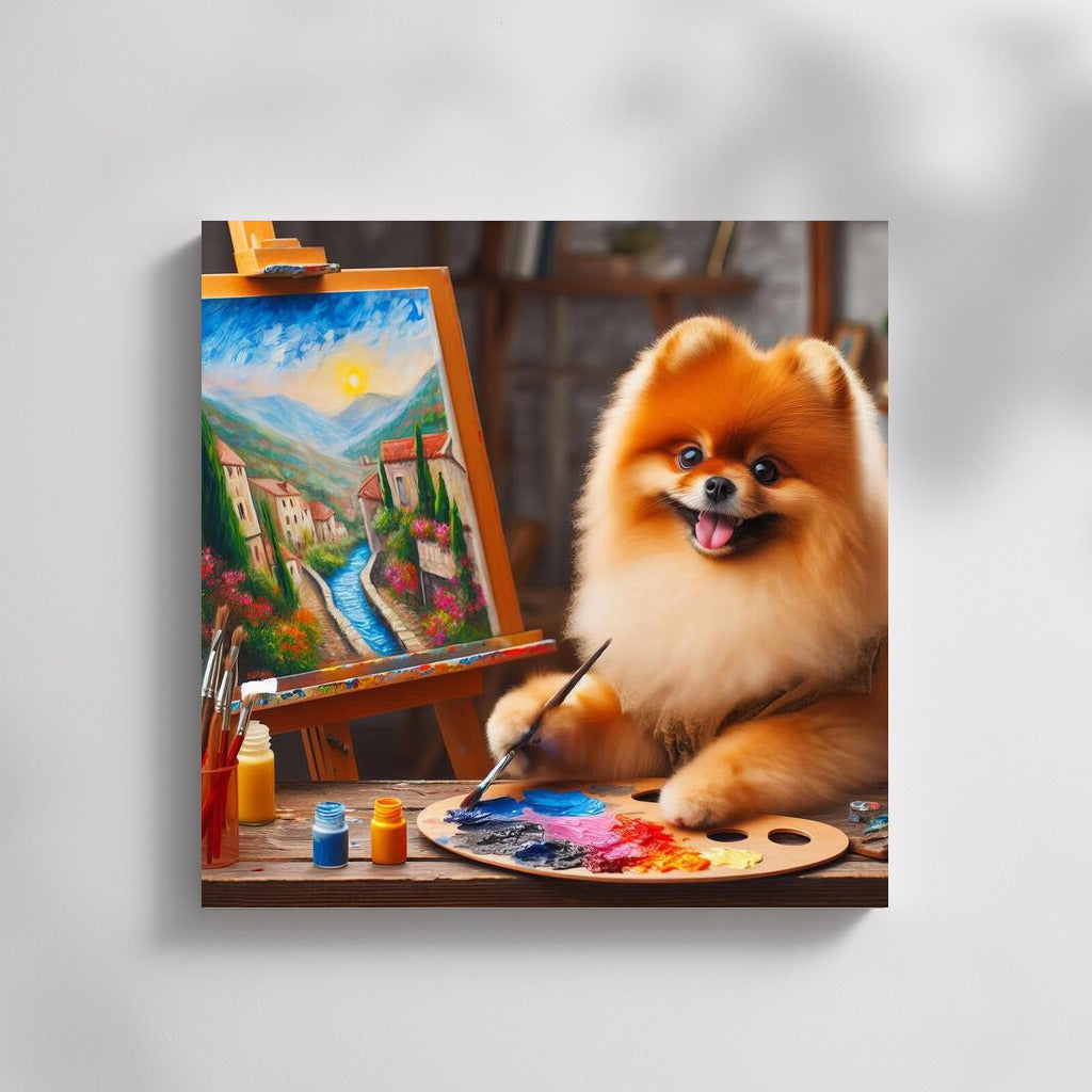 Creative Spitz: Pomeranian artist with brush and palette at easel