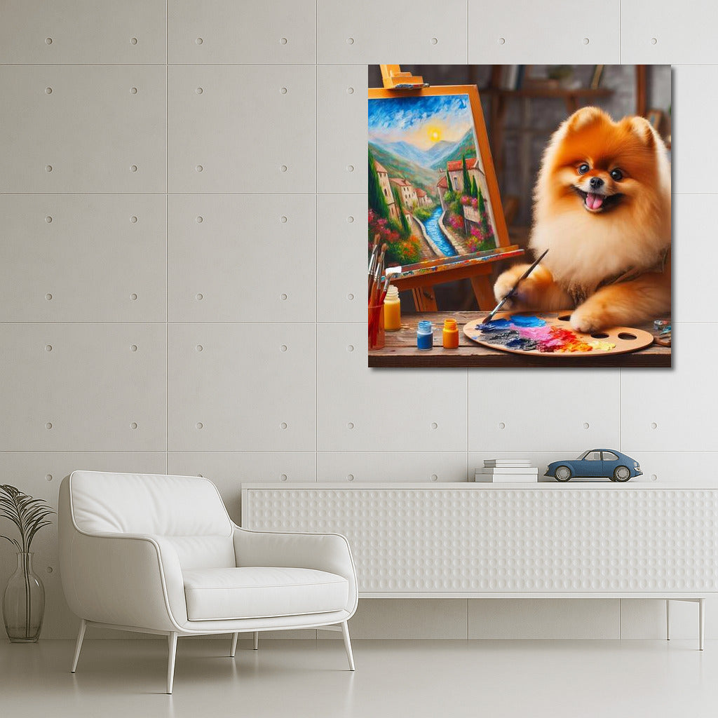 Creative Spitz: Pomeranian artist with brush and palette at easel