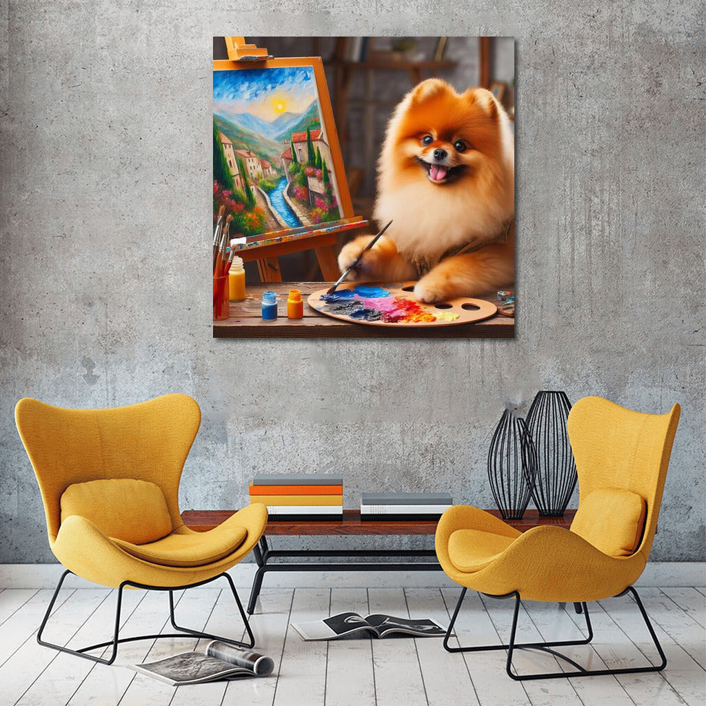 Creative Spitz: Pomeranian artist with brush and palette at easel