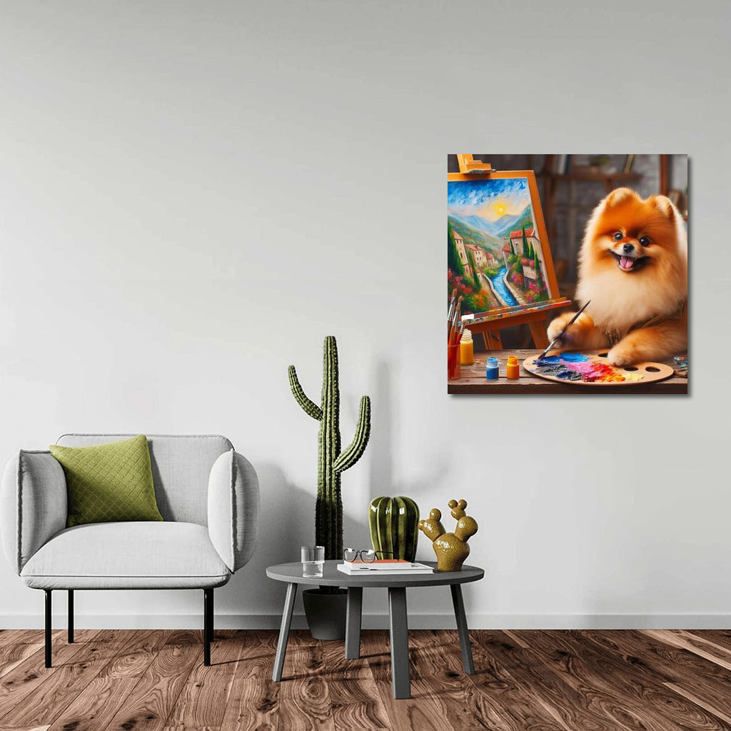 Creative Spitz: Pomeranian artist with brush and palette at easel