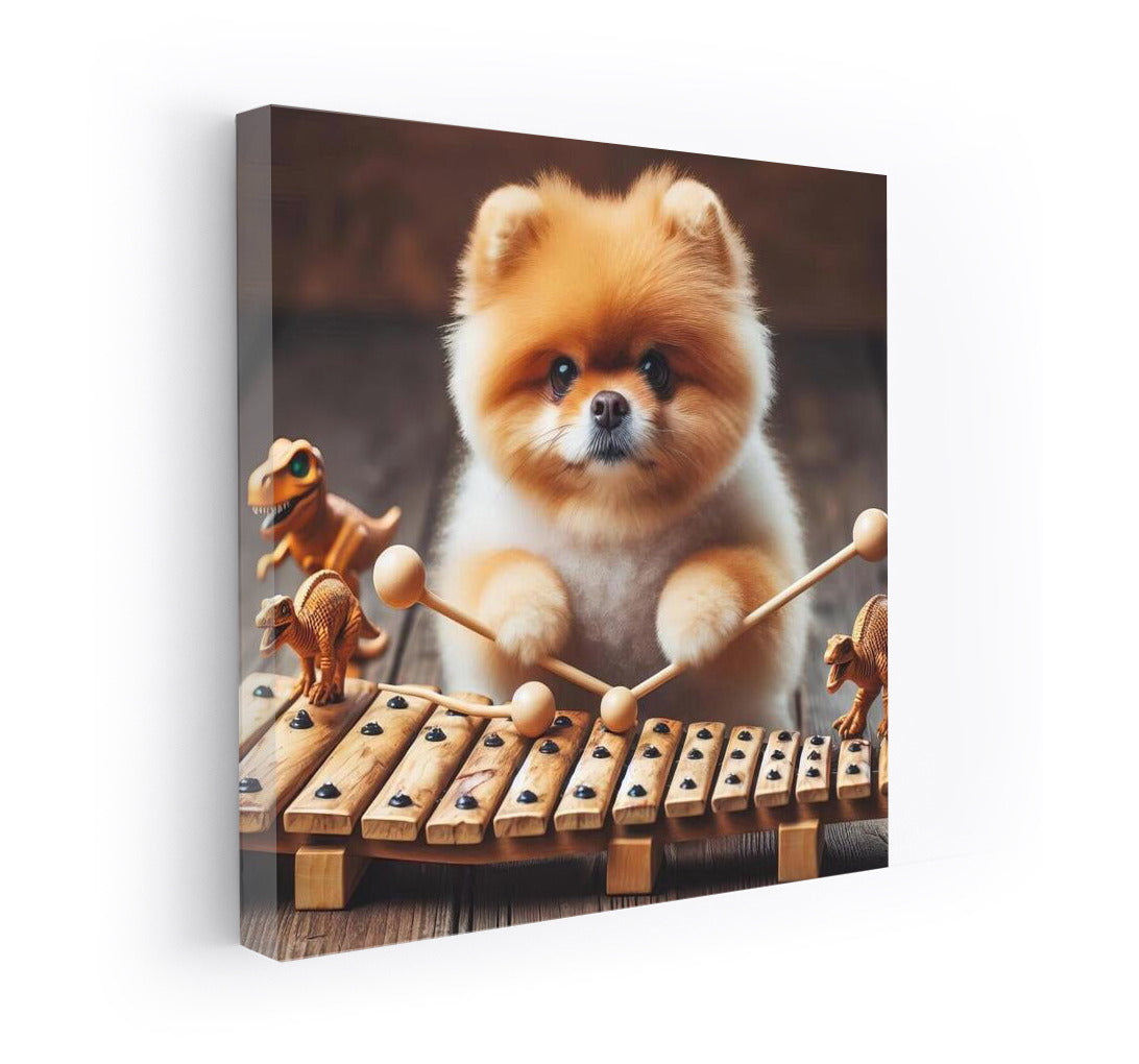 Fluffy Pomeranian Playing Dinosaur Bone Xylophone