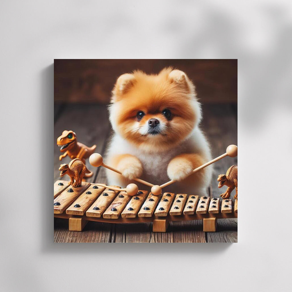 Fluffy Pomeranian Playing Dinosaur Bone Xylophone