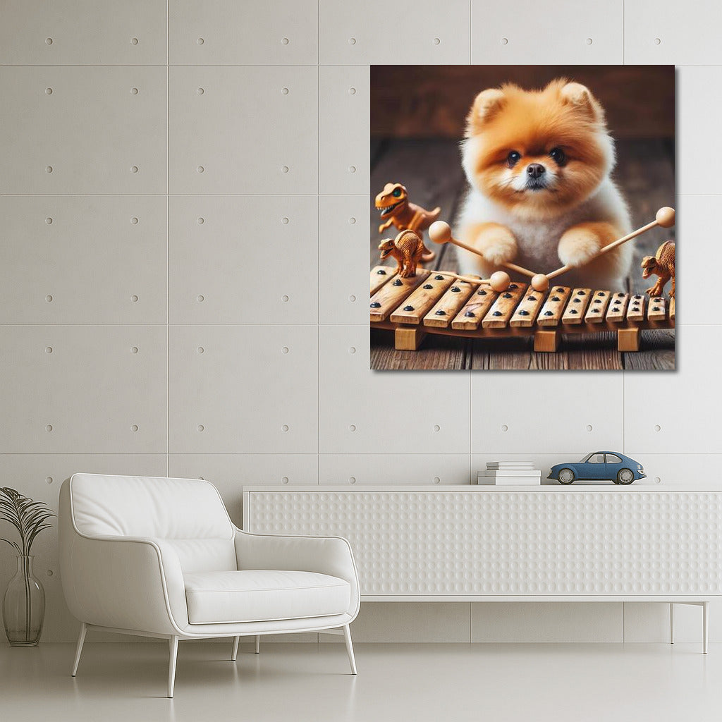 Fluffy Pomeranian Playing Dinosaur Bone Xylophone