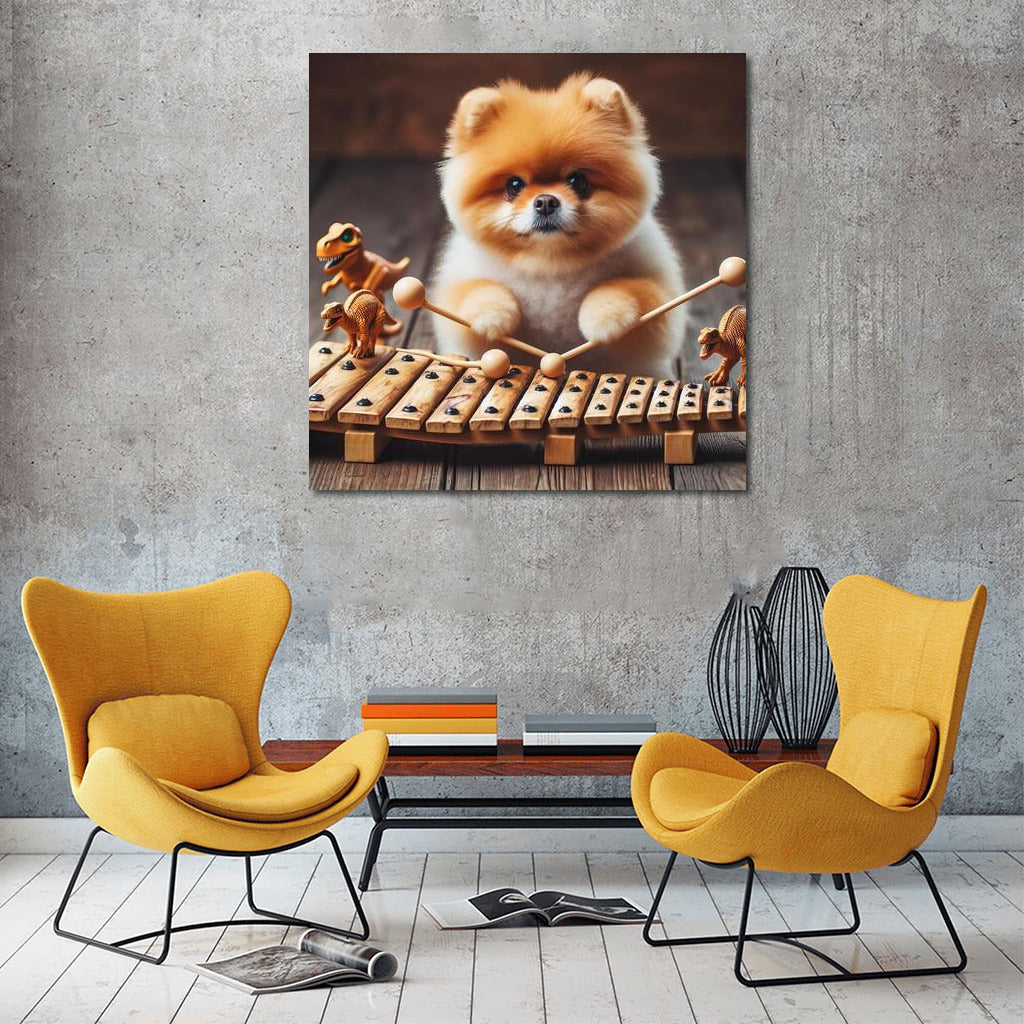 Fluffy Pomeranian Playing Dinosaur Bone Xylophone