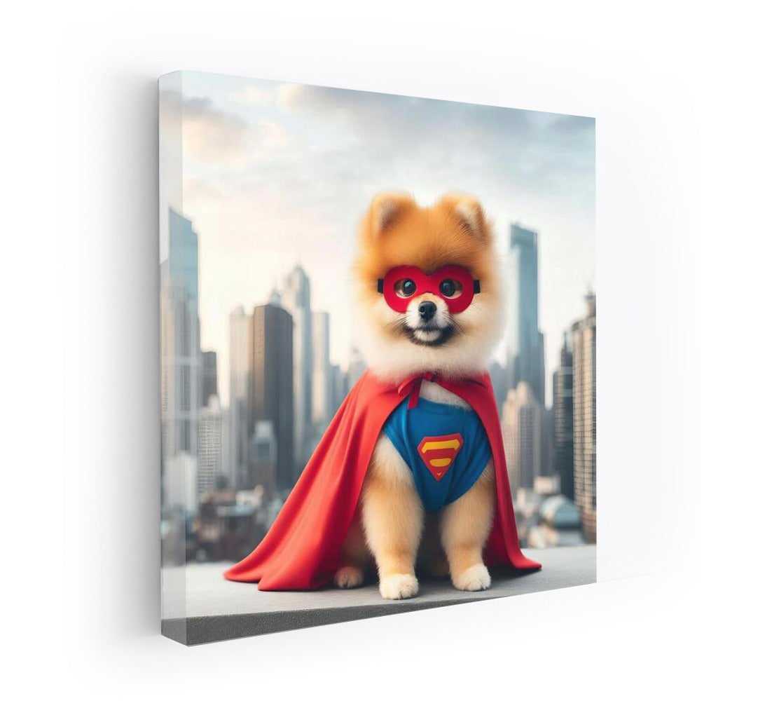 Superhero Pomeranian in Skyscraper City