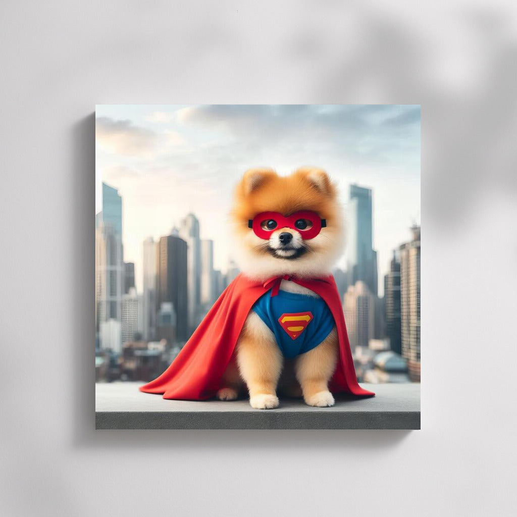 Superhero Pomeranian in Skyscraper City