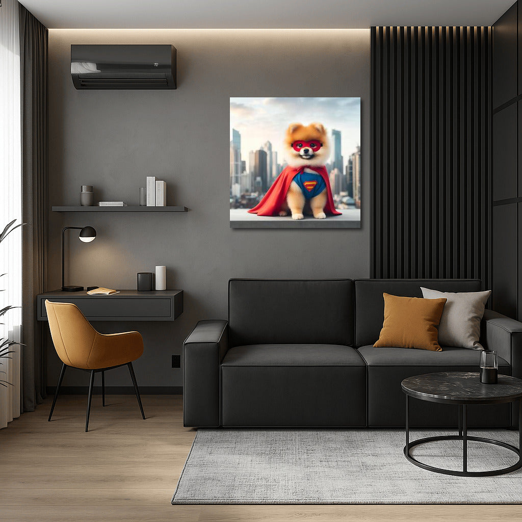 Superhero Pomeranian in Skyscraper City