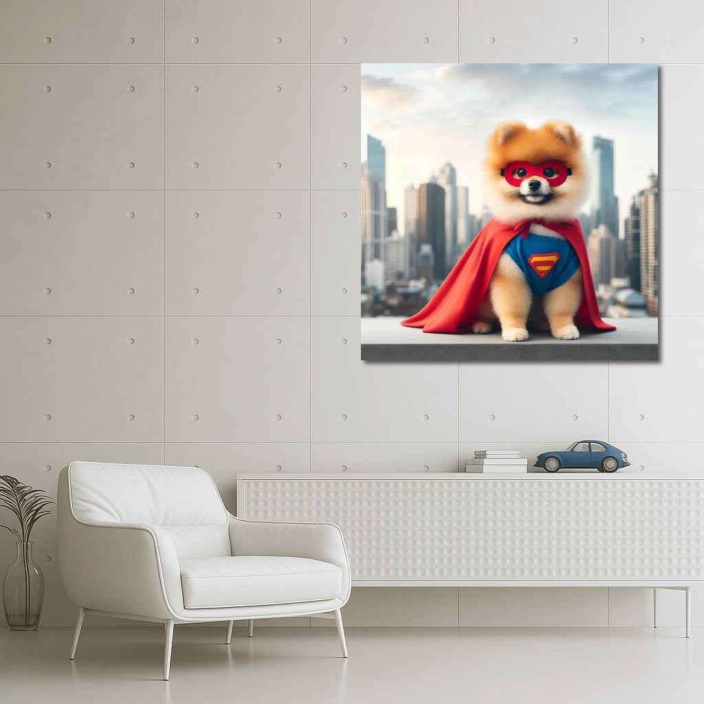 Superhero Pomeranian in Skyscraper City