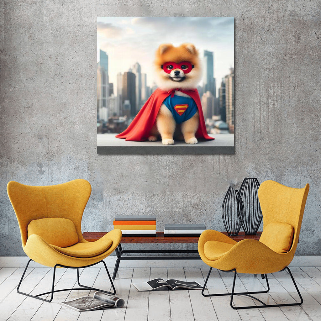 Superhero Pomeranian in Skyscraper City
