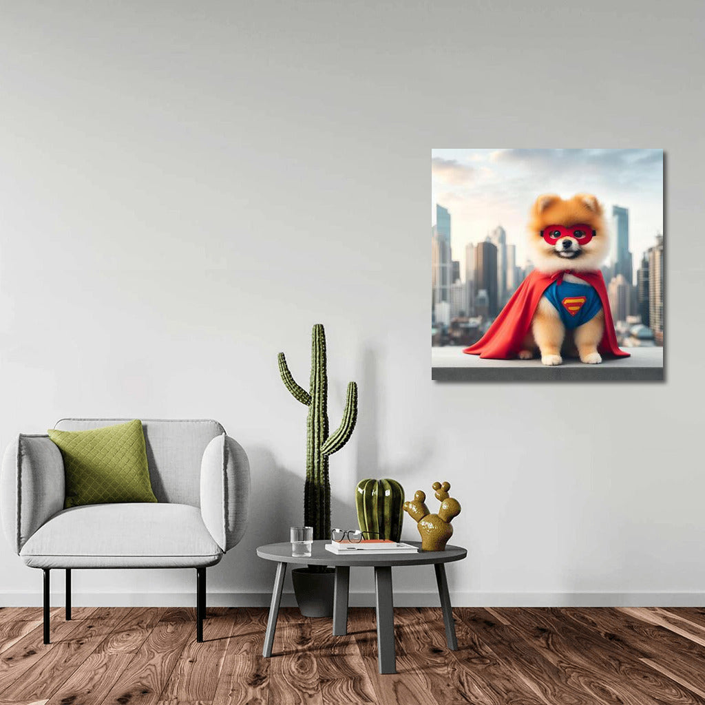 Superhero Pomeranian in Skyscraper City