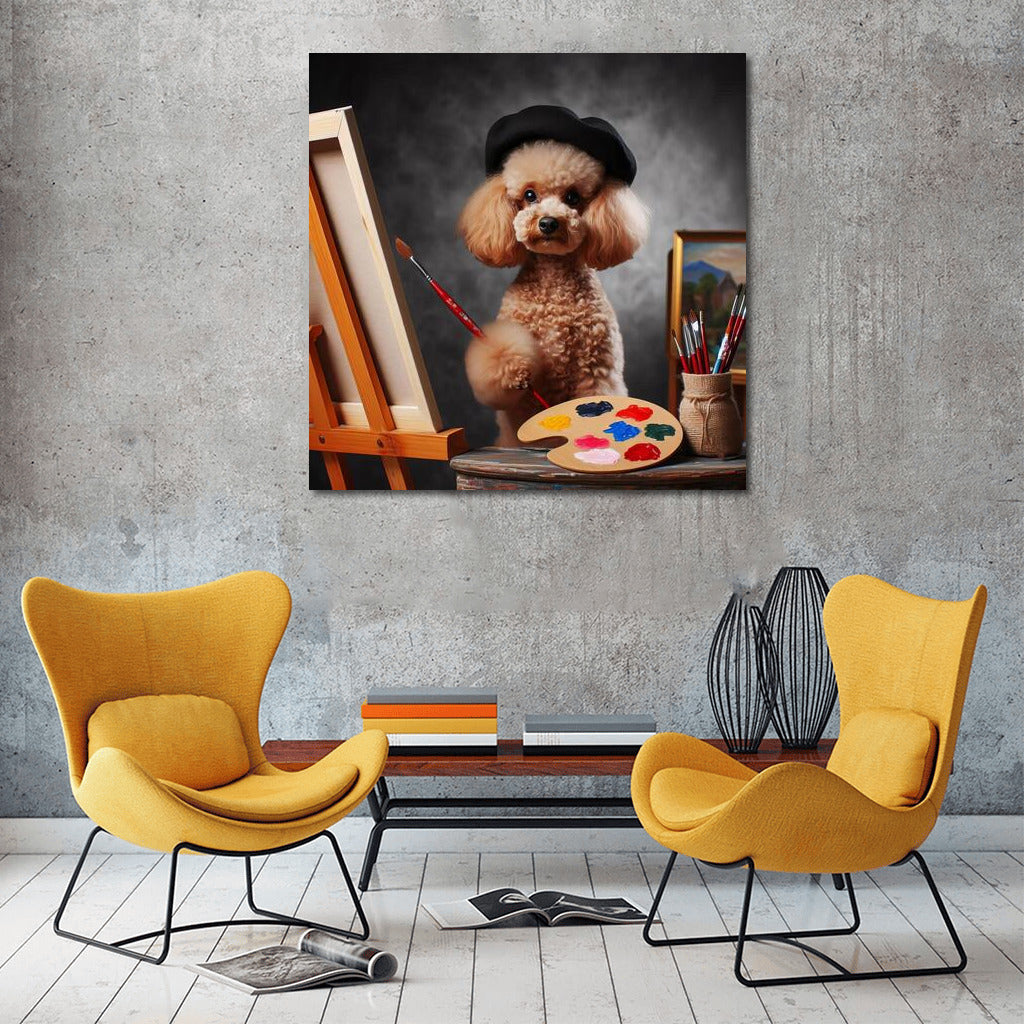 Poodle Artist with Brush and Palette: Creative Inspiration on Canvas