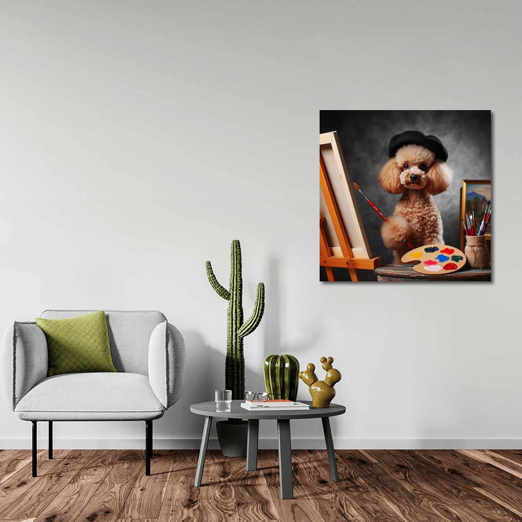 Poodle Artist with Brush and Palette: Creative Inspiration on Canvas