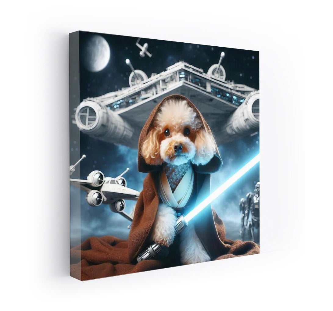Poodle Jedi with Laser Sword on Spaceship Background: Star Wars Style