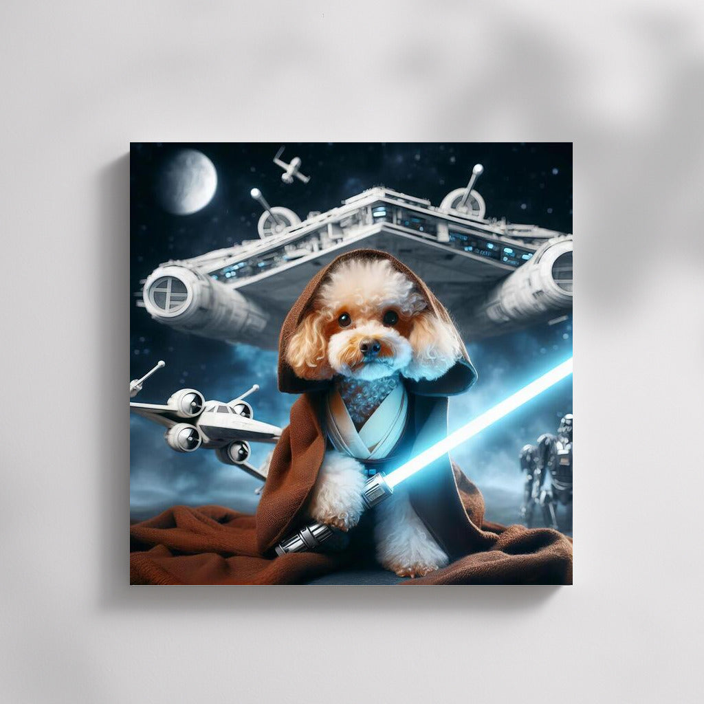 Poodle Jedi with Laser Sword on Spaceship Background: Star Wars Style