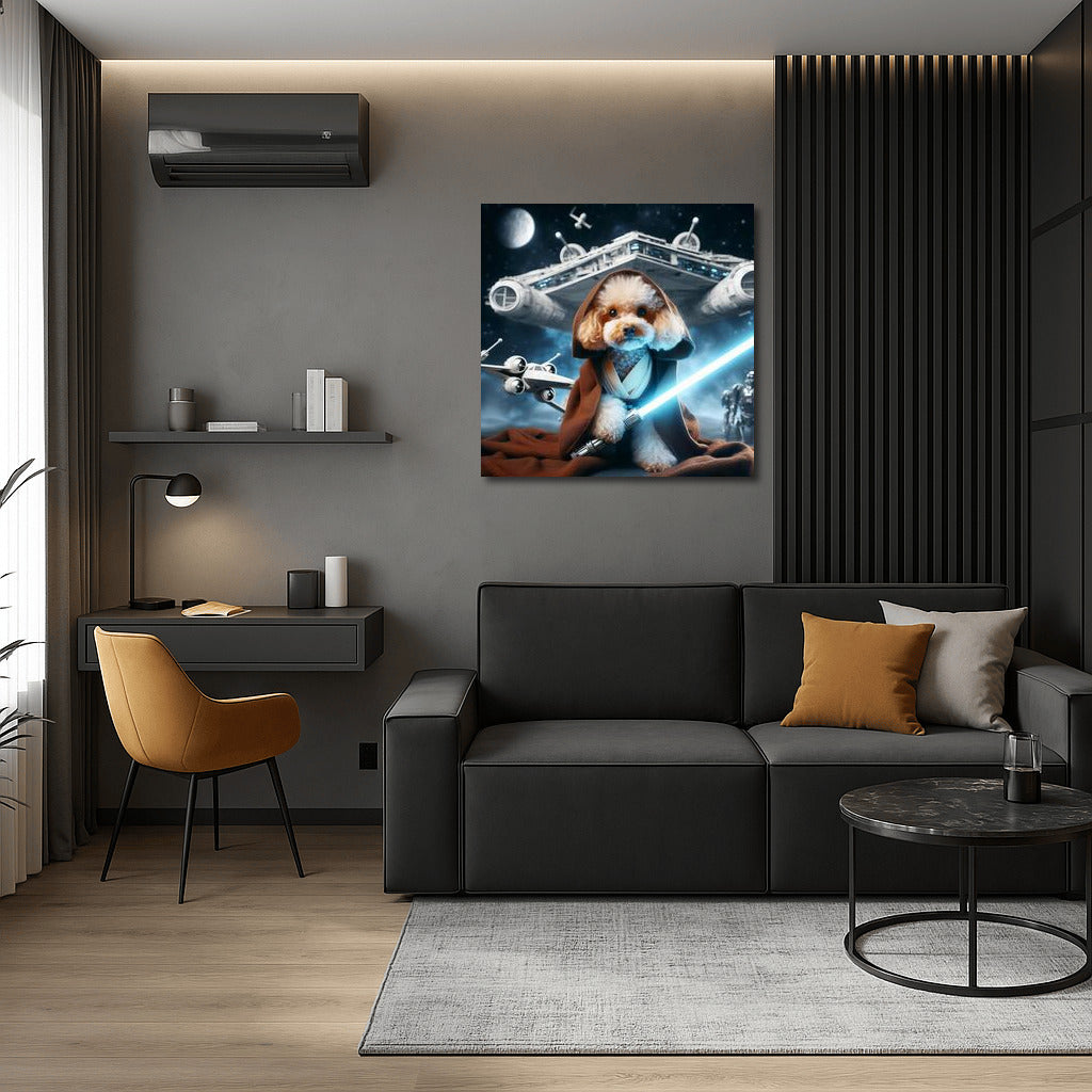 Poodle Jedi with Laser Sword on Spaceship Background: Star Wars Style