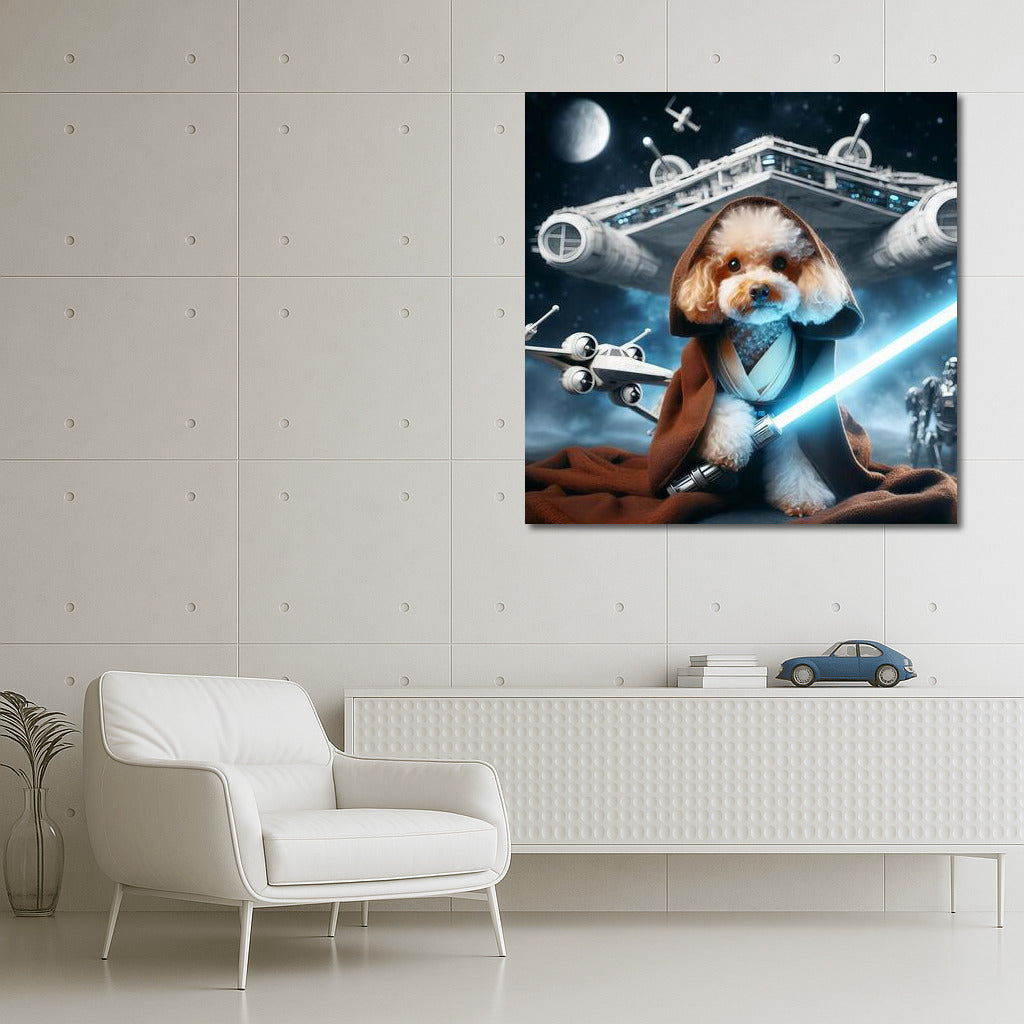 Poodle Jedi with Laser Sword on Spaceship Background: Star Wars Style