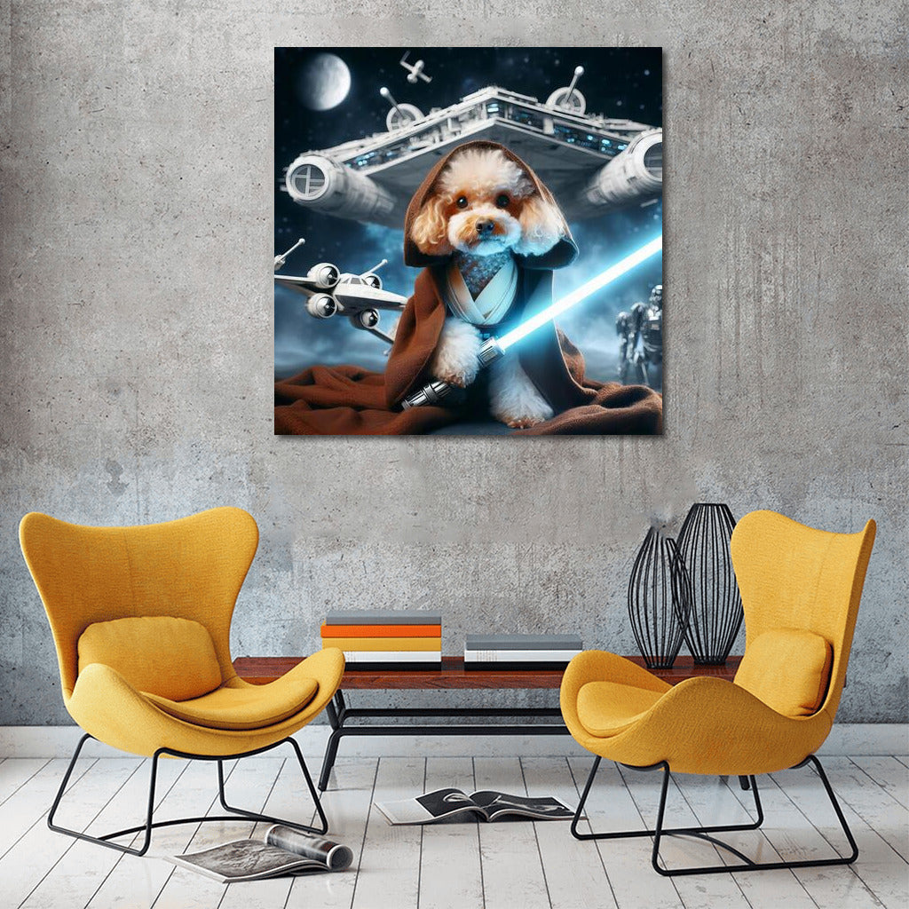 Poodle Jedi with Laser Sword on Spaceship Background: Star Wars Style