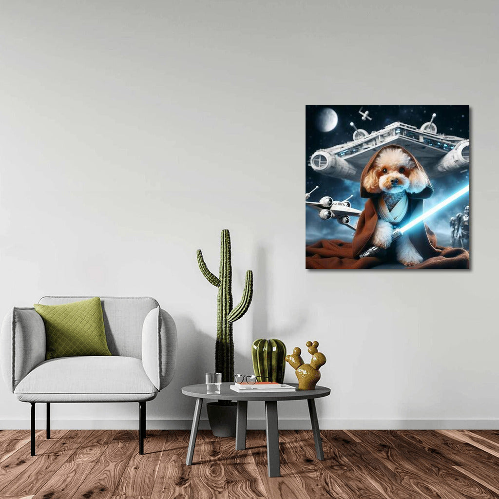 Poodle Jedi with Laser Sword on Spaceship Background: Star Wars Style
