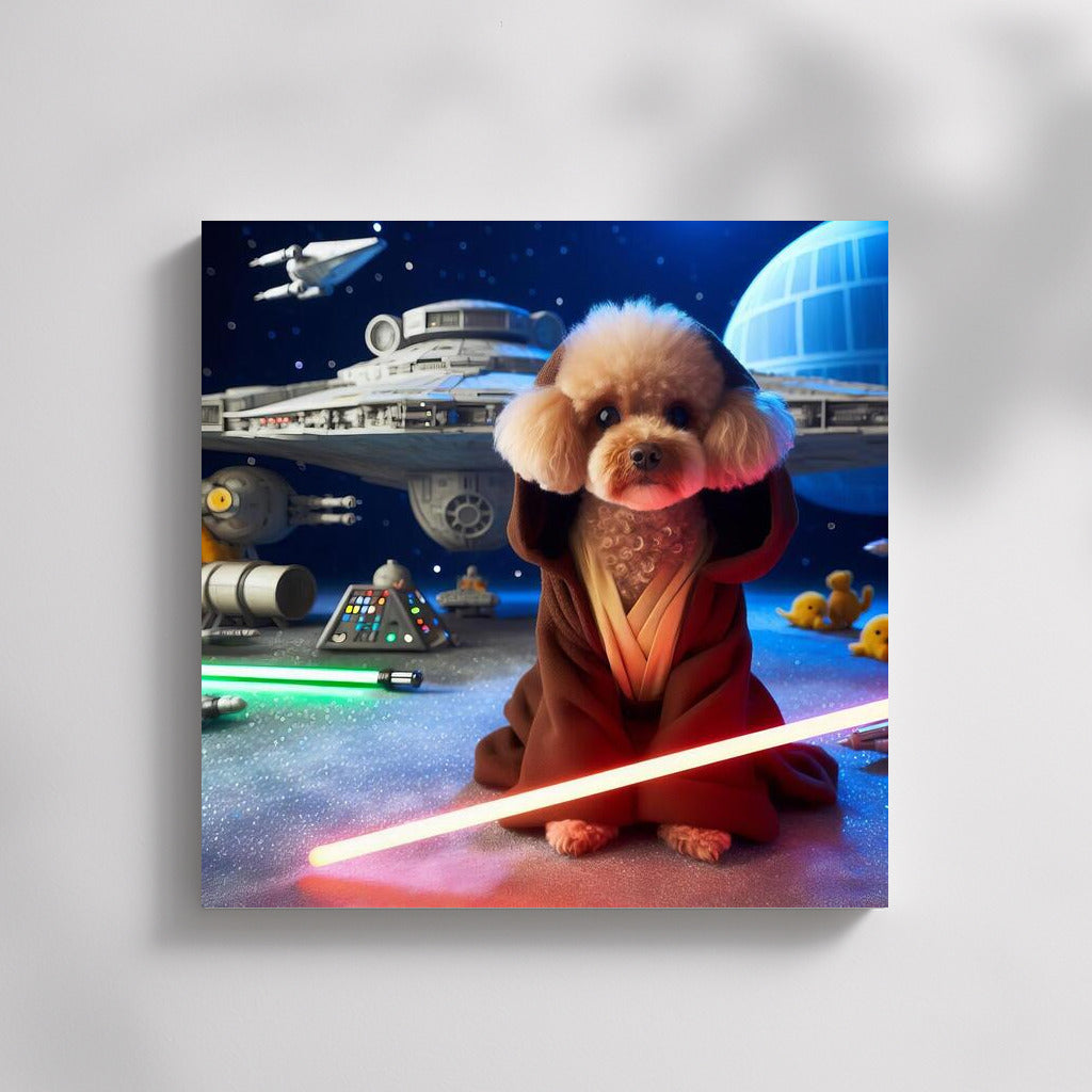 Star Poodle Jedi with Laser Sword near Spaceship