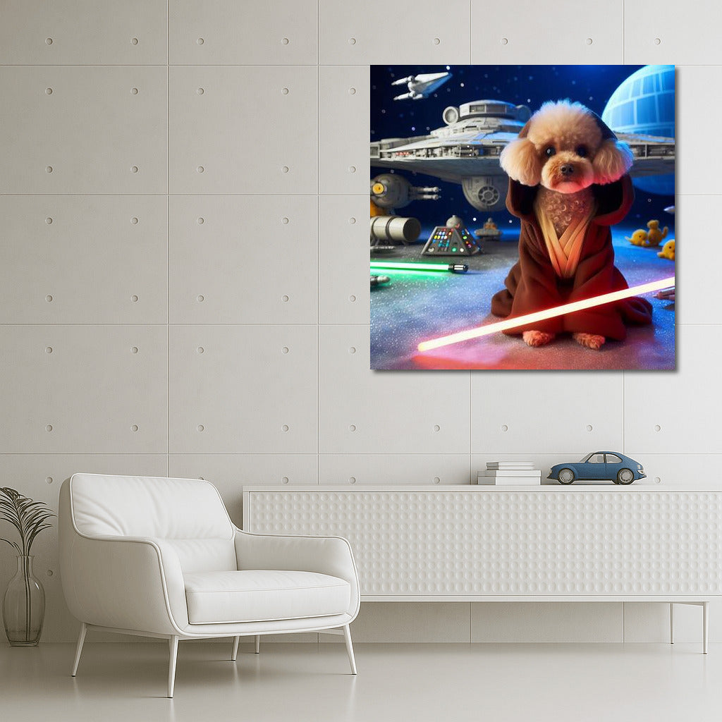 Star Poodle Jedi with Laser Sword near Spaceship