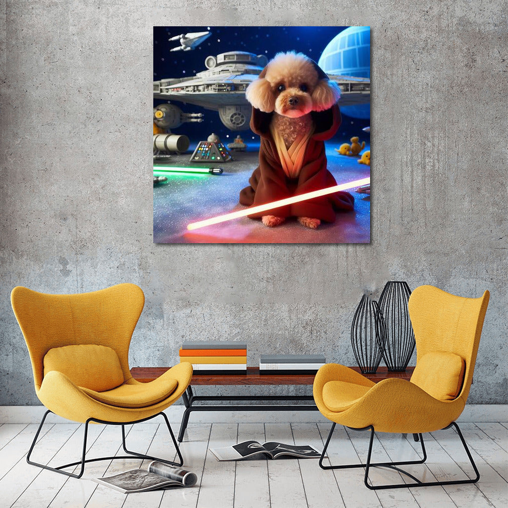 Star Poodle Jedi with Laser Sword near Spaceship