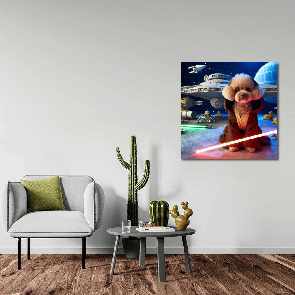 Star Poodle Jedi with Laser Sword near Spaceship