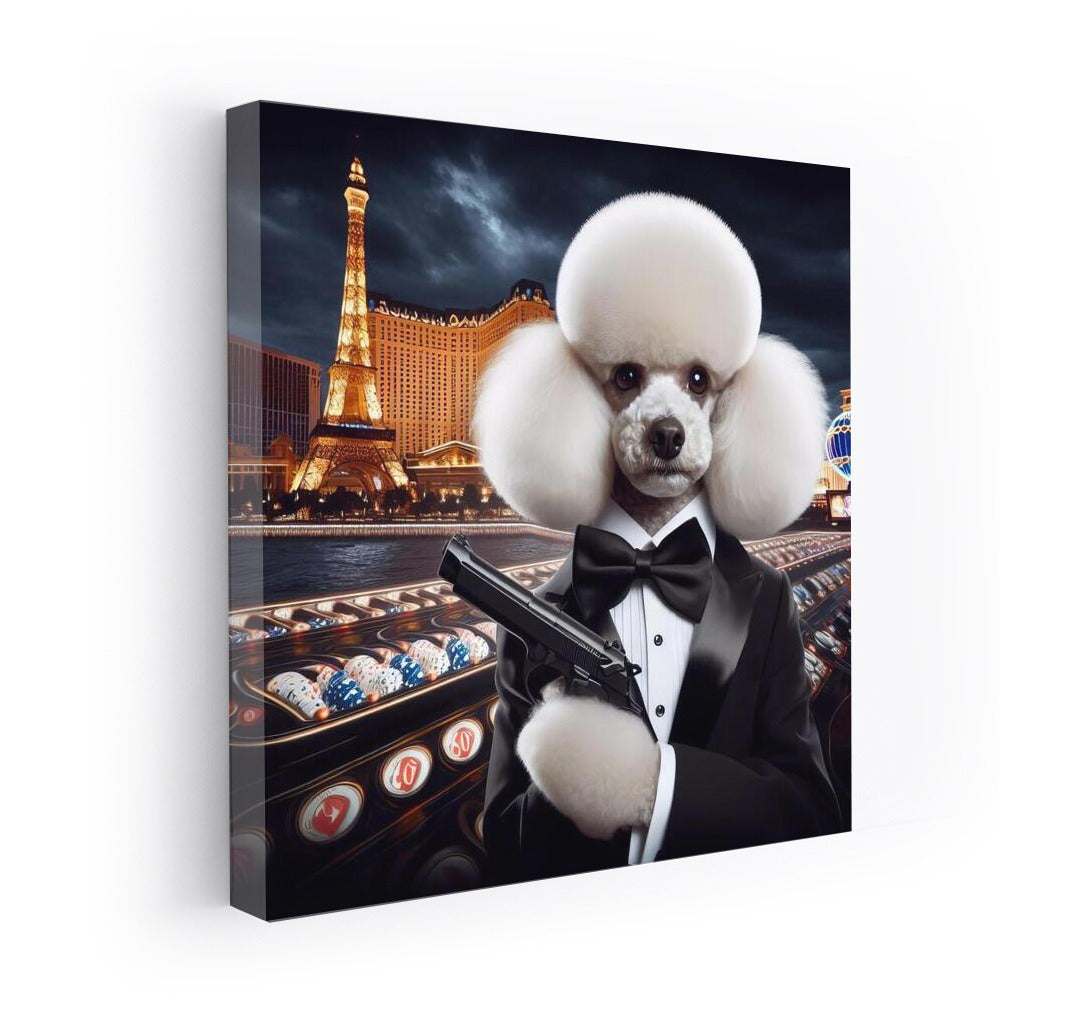 Poodle 007: Elegant Agent in a Tuxedo at the Casino