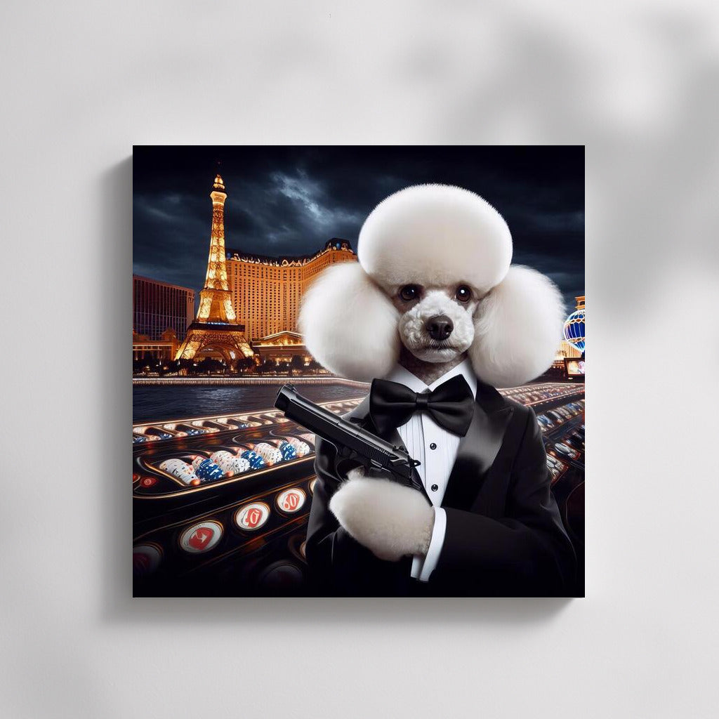 Poodle 007: Elegant Agent in a Tuxedo at the Casino