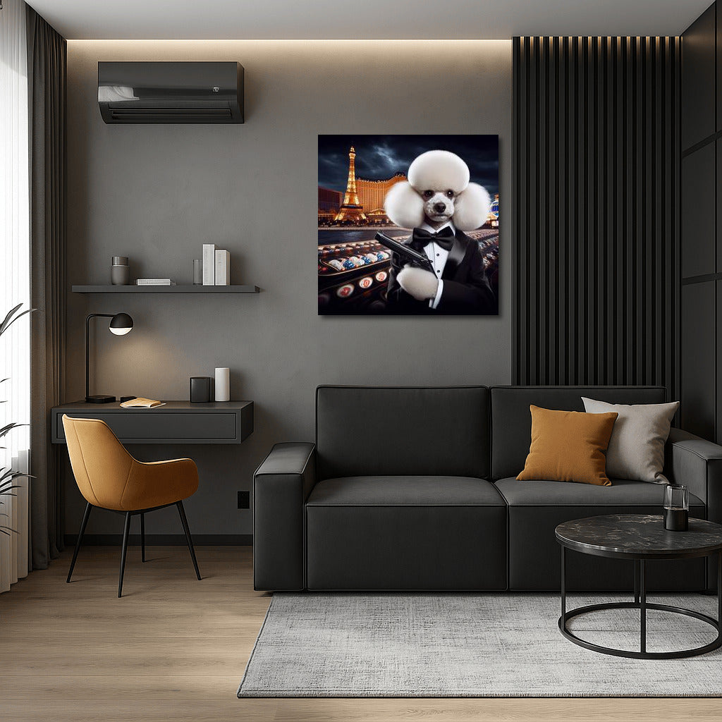 Poodle 007: Elegant Agent in a Tuxedo at the Casino