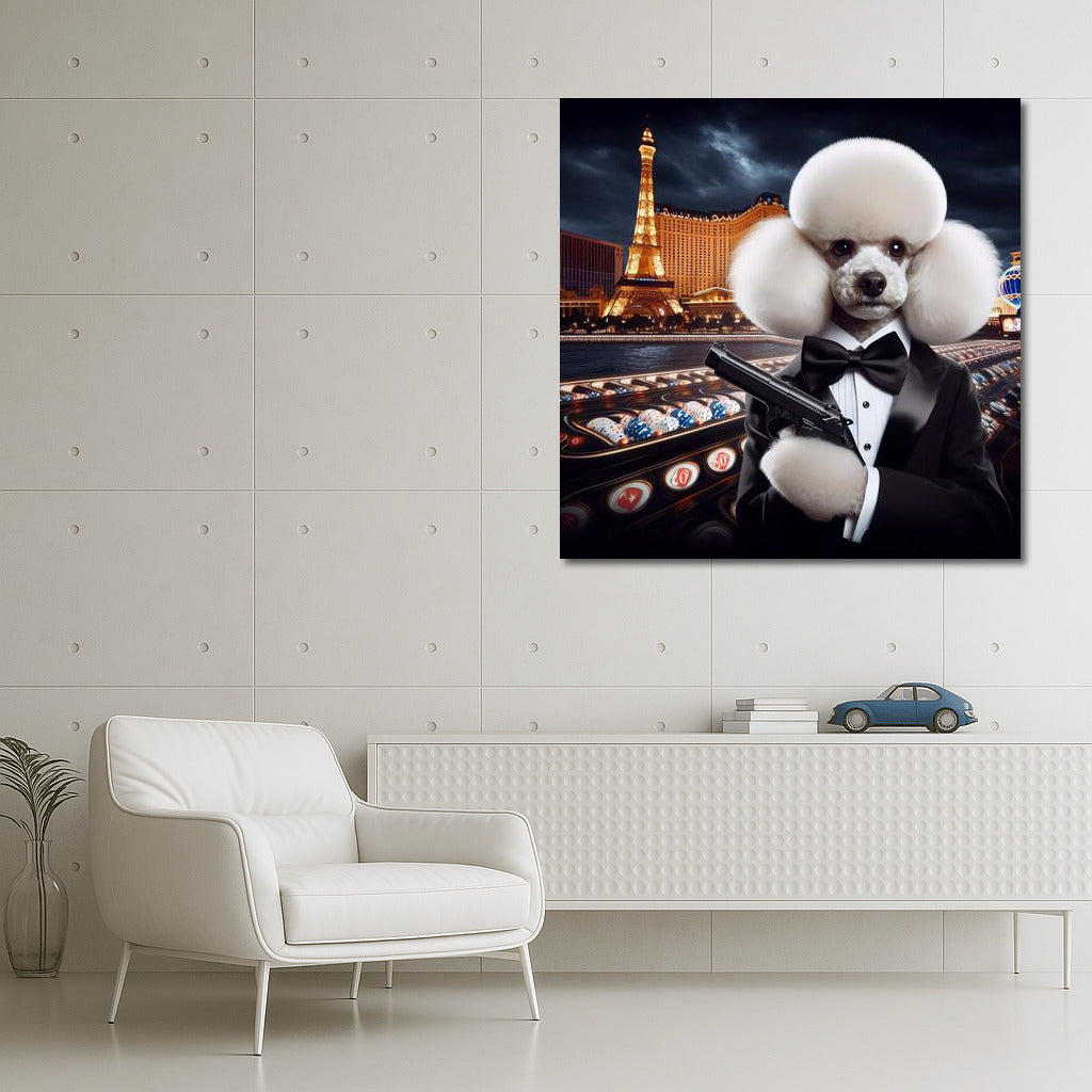 Poodle 007: Elegant Agent in a Tuxedo at the Casino