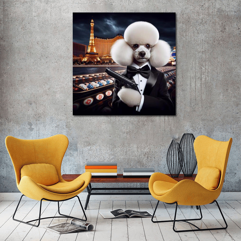 Poodle 007: Elegant Agent in a Tuxedo at the Casino