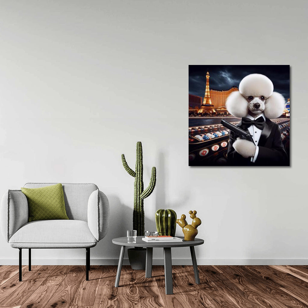 Poodle 007: Elegant Agent in a Tuxedo at the Casino
