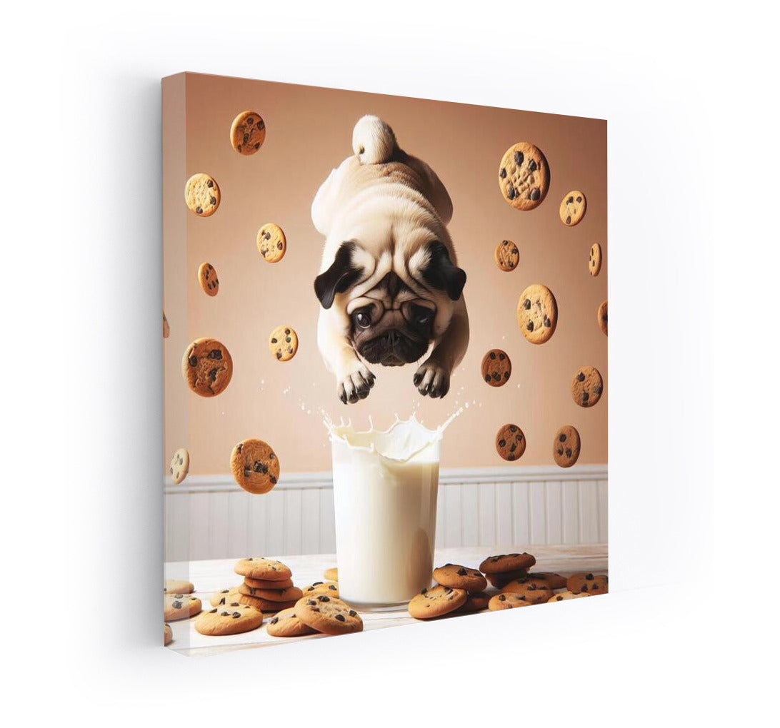 Pug diving in a milk pool with flying cookies