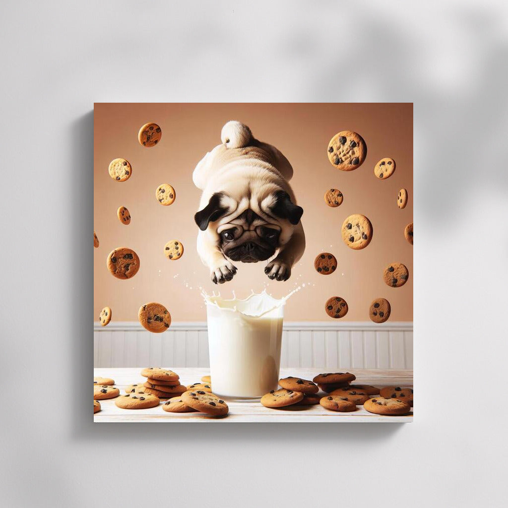 Pug diving in a milk pool with flying cookies