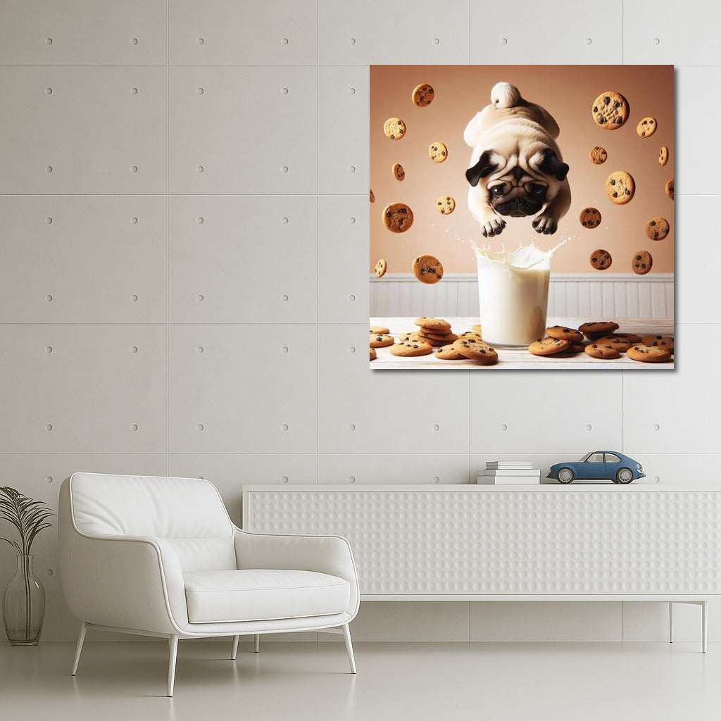 Pug diving in a milk pool with flying cookies