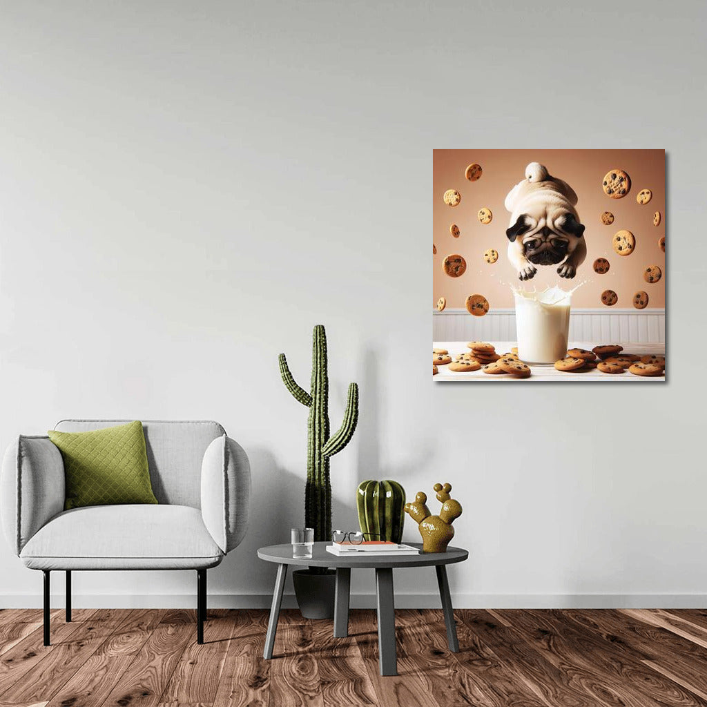 Pug diving in a milk pool with flying cookies