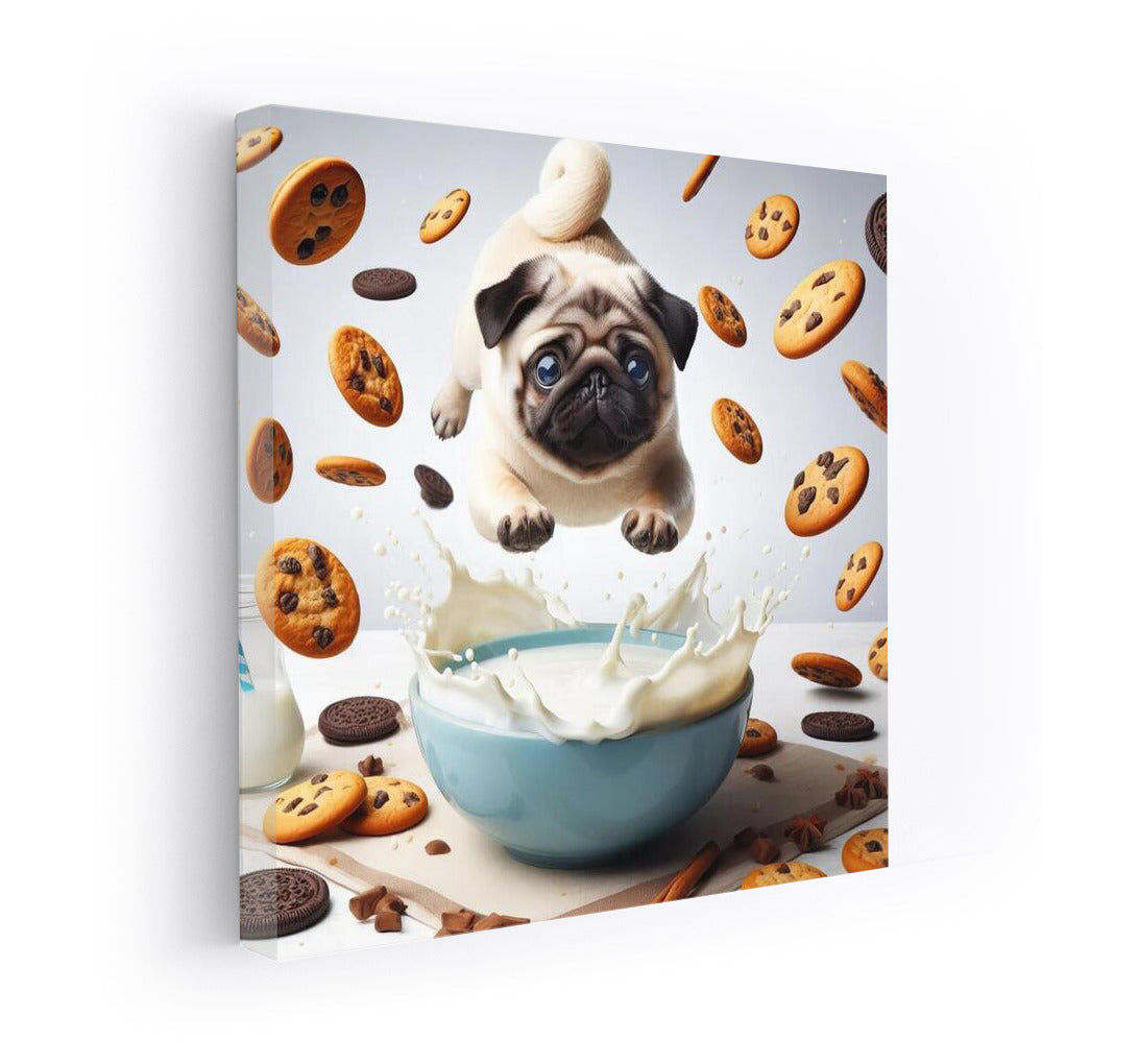 Pug in Milk Peak with Flying Cookies