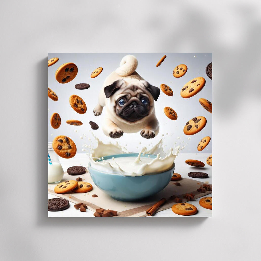 Pug in Milk Peak with Flying Cookies