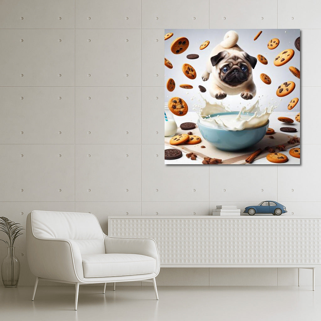 Pug in Milk Peak with Flying Cookies