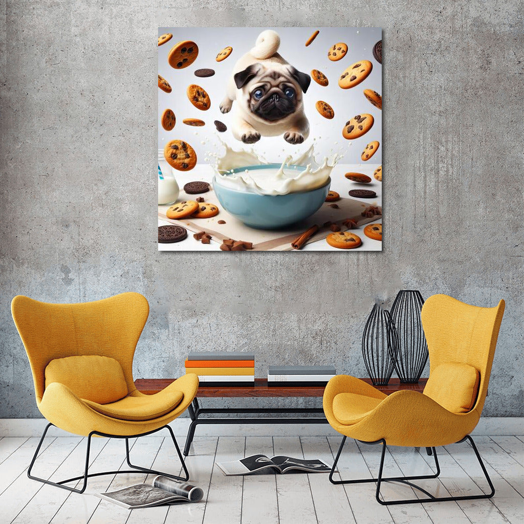 Pug in Milk Peak with Flying Cookies