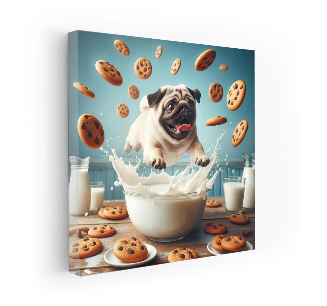 Pug in a Milk Pool with Flying Cookies