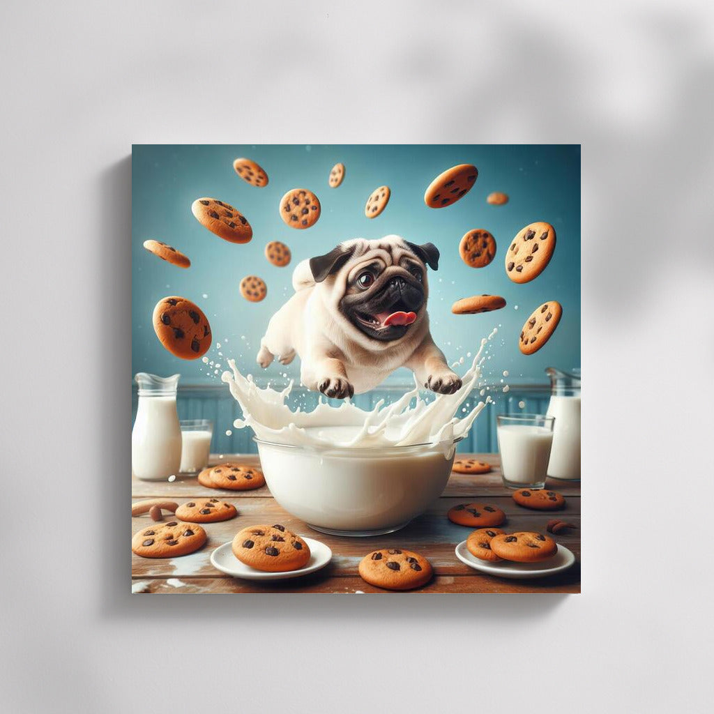 Pug in a Milk Pool with Flying Cookies
