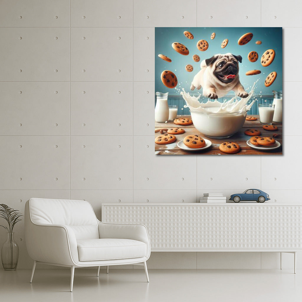Pug in a Milk Pool with Flying Cookies
