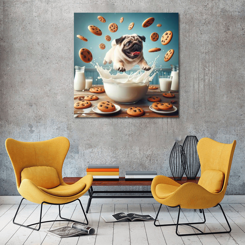 Pug in a Milk Pool with Flying Cookies