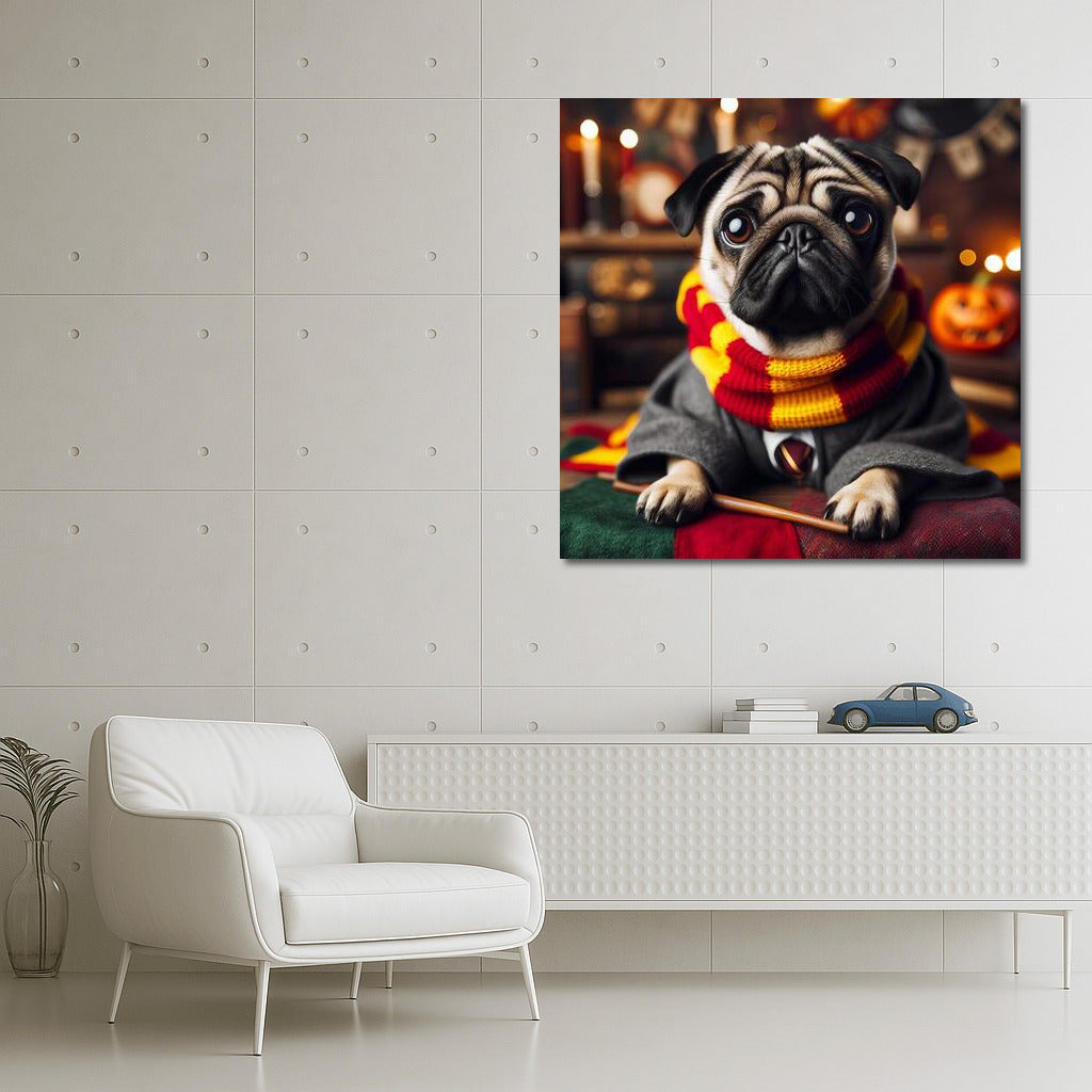 Magical Pug in Hogwarts Scarf: Magical Charm