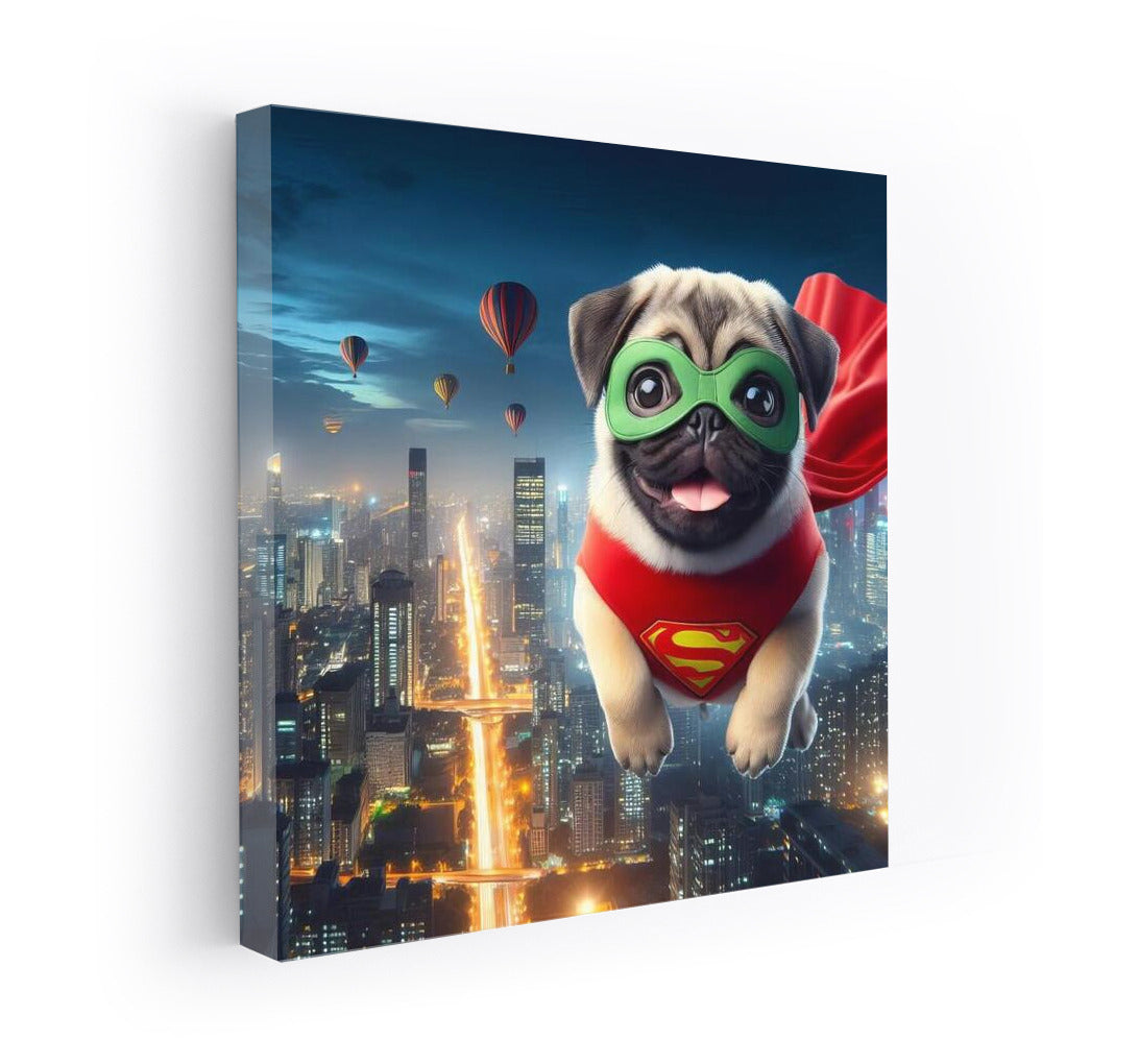 Pug-Superhero: Night Flight over the Megapolis