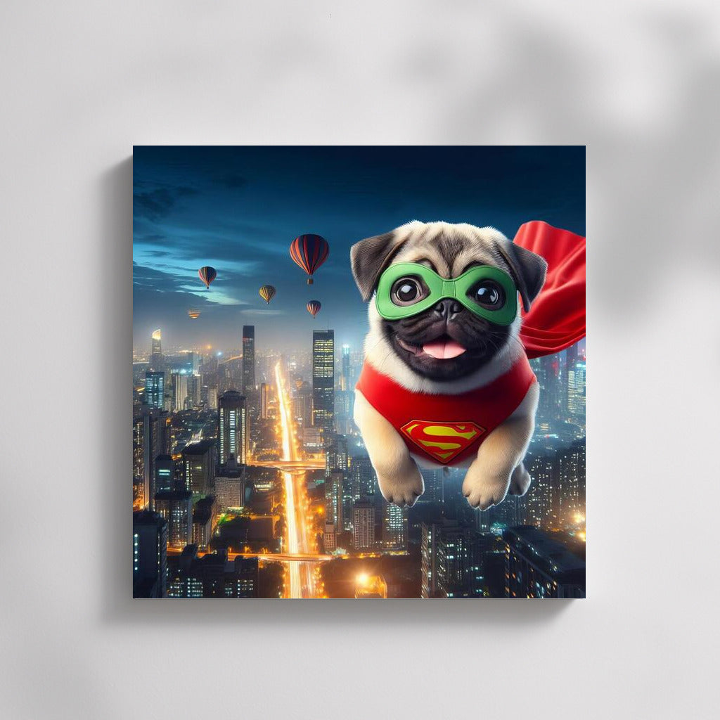 Pug-Superhero: Night Flight over the Megapolis