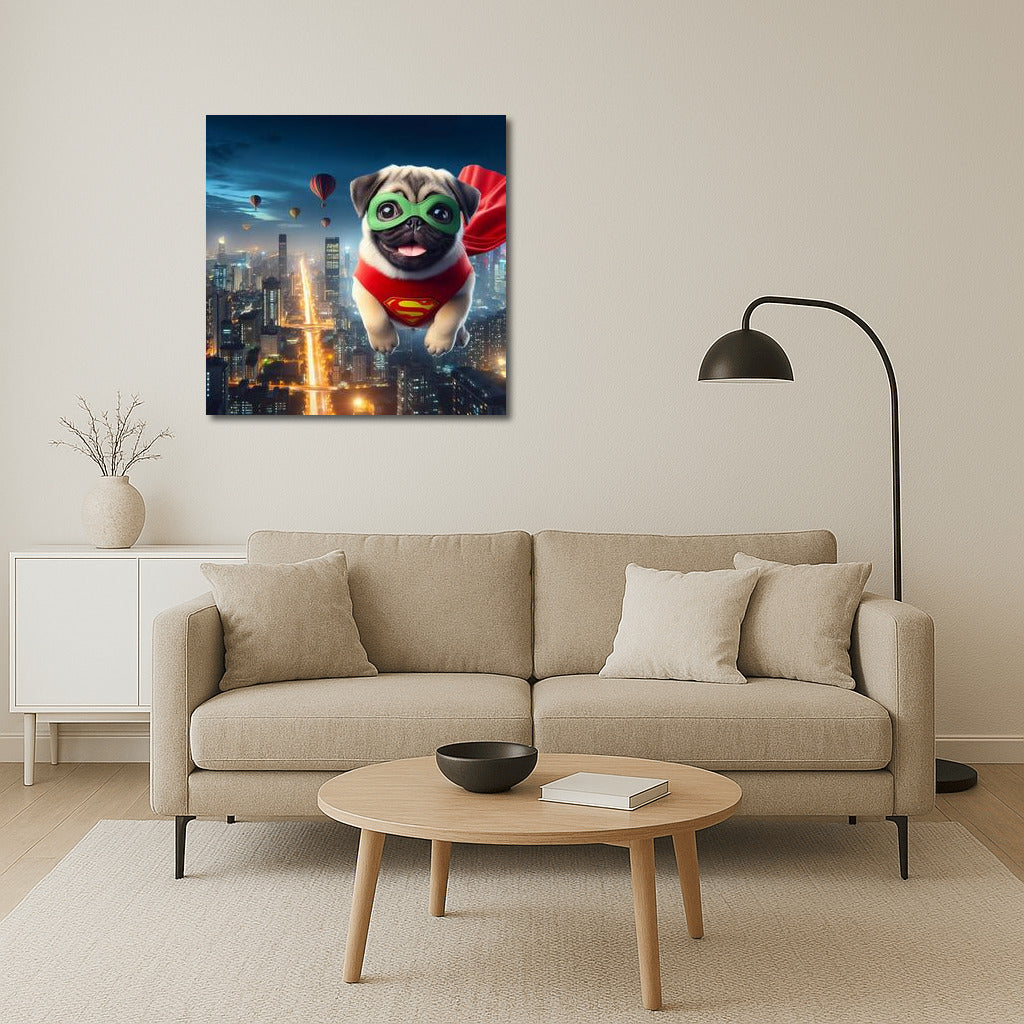 Pug-Superhero: Night Flight over the Megapolis